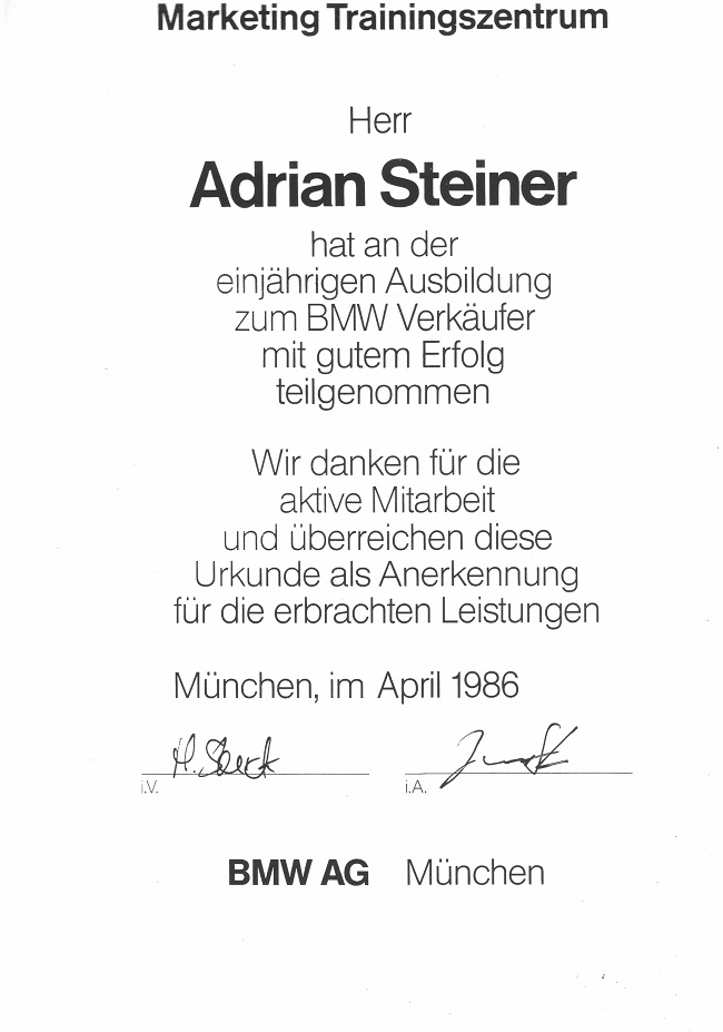 Urkunde BMW München 1986