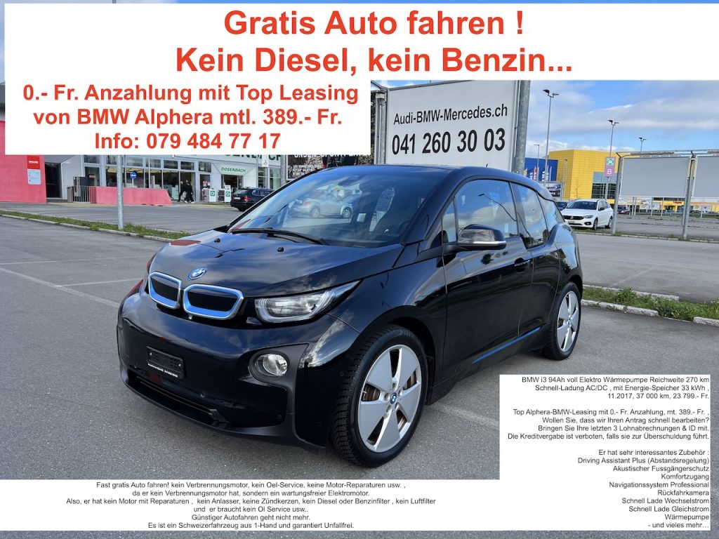 BMW i3 94Ah voll Elektro Wärmepumpe Reichweite 270 km Schnell-Ladung AC/DC , mit Energie-Speicher 33 kWh , 11.2017, 37 000 km, 23 799- Fr.